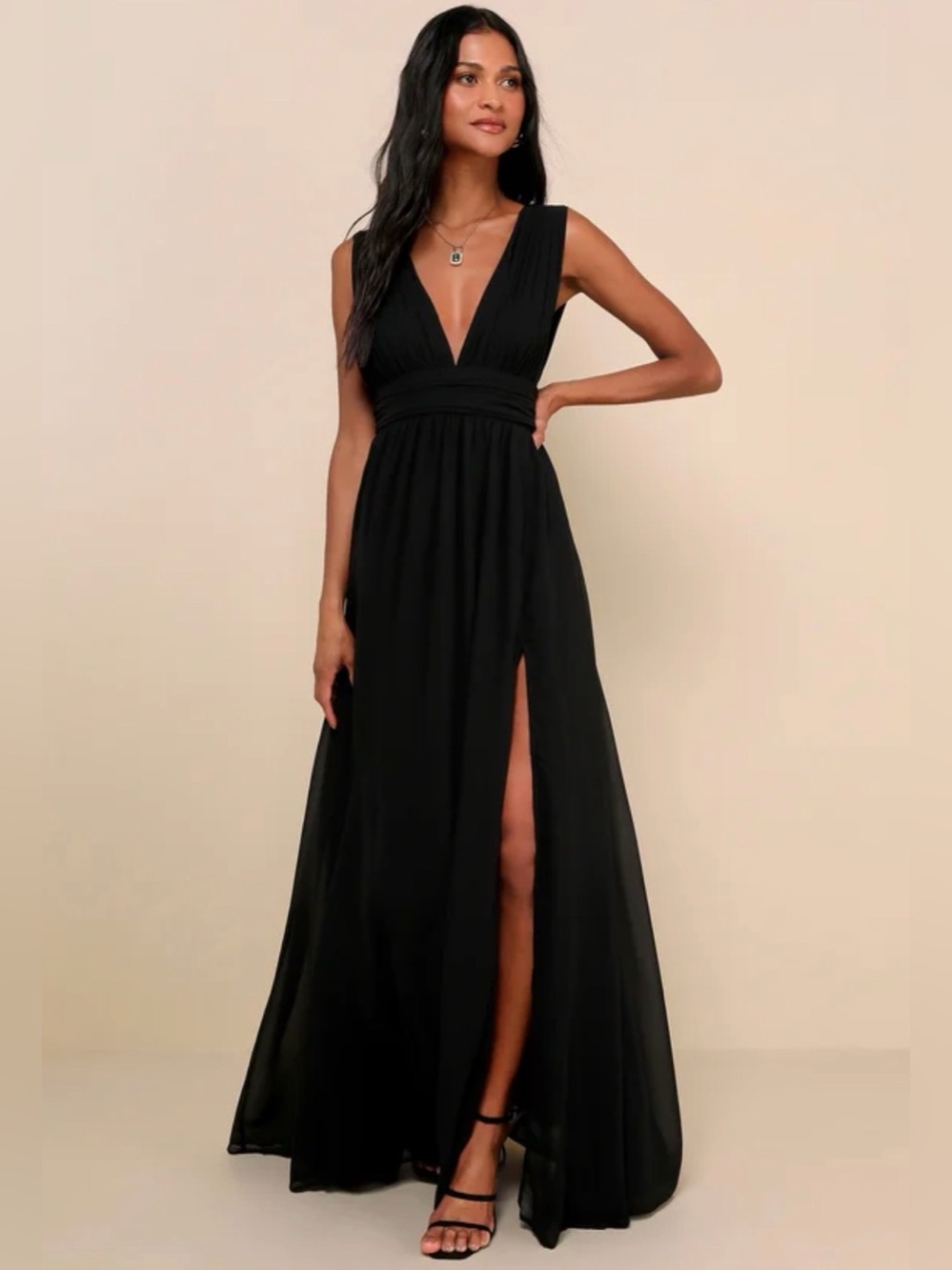Lulu's Black V-Neck Maxi Dress with Front Slit